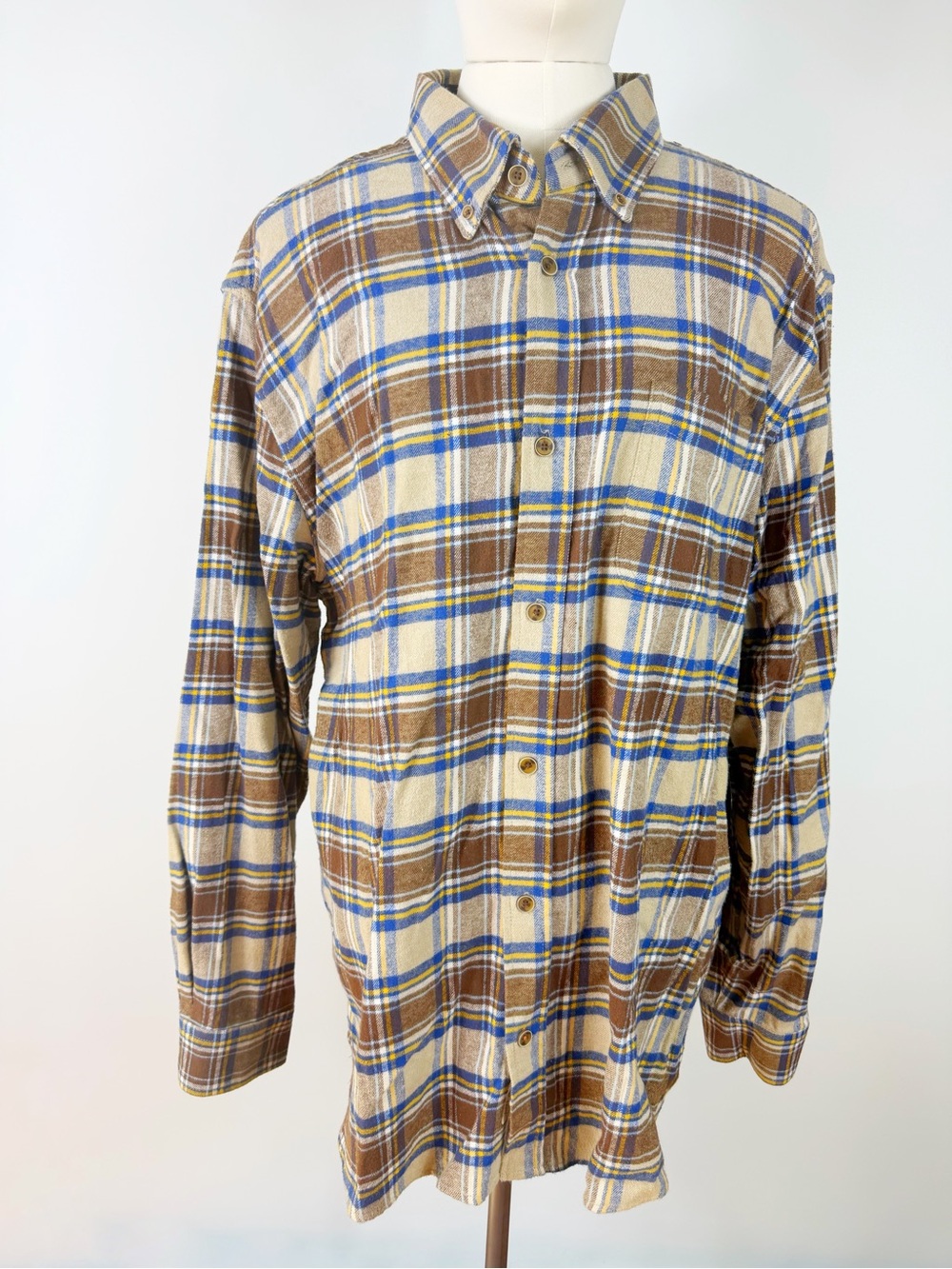 Weatherproof Vintage Tan Blue Plaid Button-Down Flannel Shirt cotton